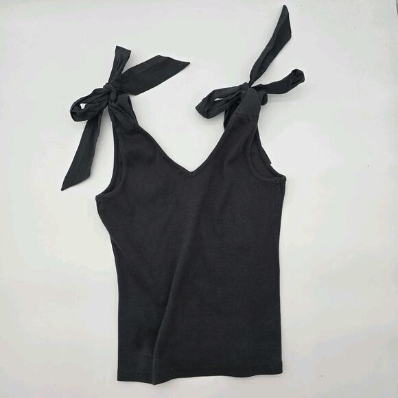 Anthropologie Top Womens Small Black Tank Bow Tie Shoulder Ribbed Maeve - Picture 5 of 12